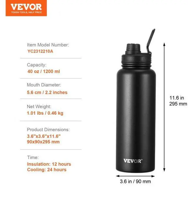 Alt view image 7 of 7 - VEVOR 40 oz Insulated Water Bottle Stainless Steel with Wide Mouth Lid Black