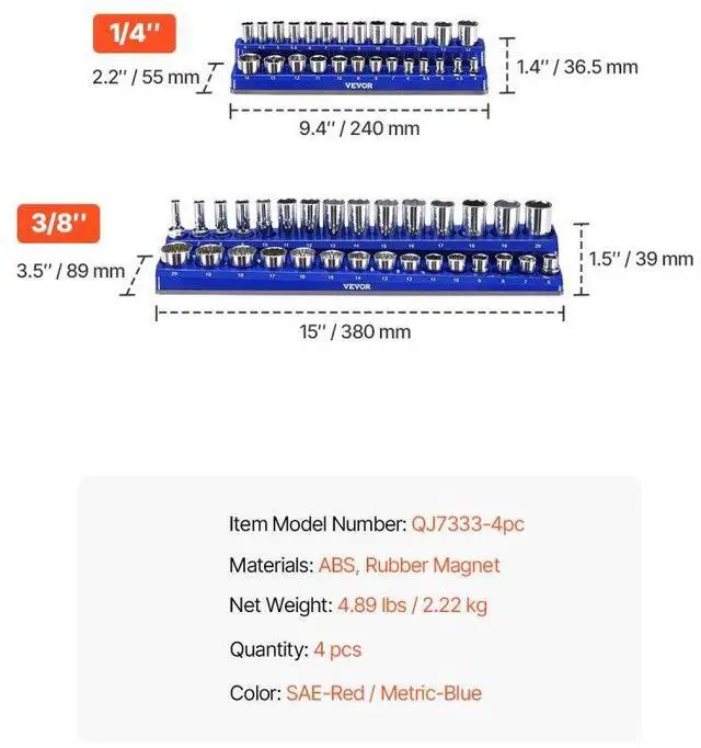 Alt view image 7 of 14 - Magnetic Socket Organizer Set 4PCS Socket Trays Blue & Red for Metric SAE