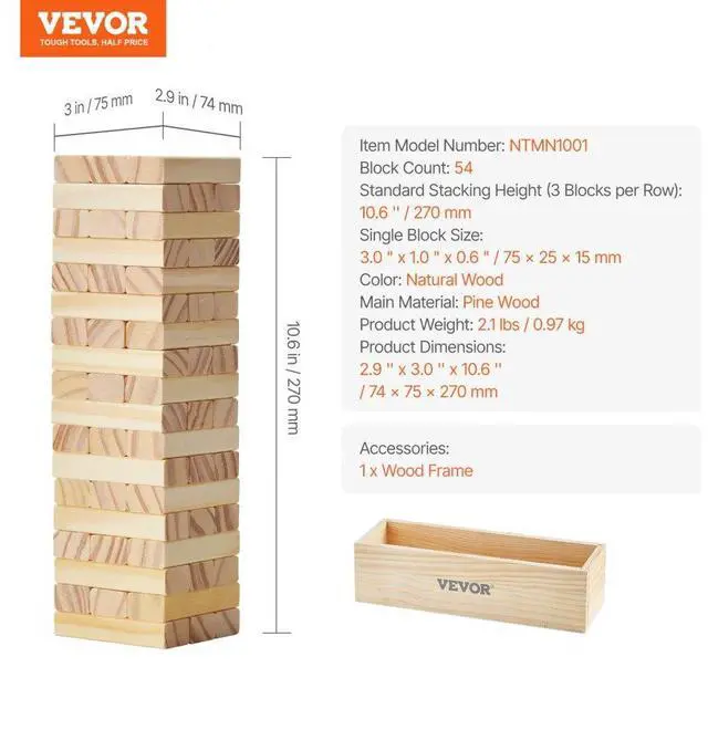 Alt view image 7 of 14 - VEVOR Tumbling Timber Toy 54 Blocks Tumble Tower Blocks Game Pine Wood Crate