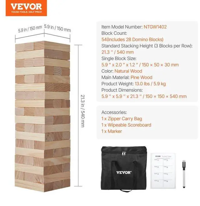 Alt view image 7 of 14 - VEVOR Tumbling Timber Toy 54 Blocks Large Tumble Tower Blocks Game Pine Wood Bag