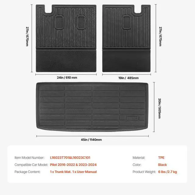 Alt view image 7 of 7 - VEVOR Truck Cargo Mat & Backrest Mat Custom Fit for Honda Pilot 2016-2022 & 2023-2024