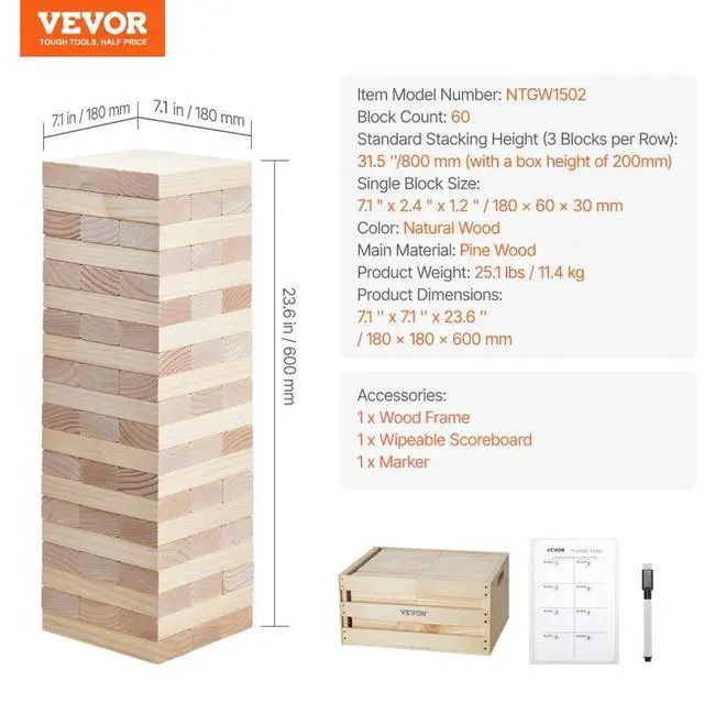 Alt view image 7 of 7 - VEVOR Tumbling Timber Toy 60 Blocks Giant Tumble Tower Blocks Game Pine Wood Box