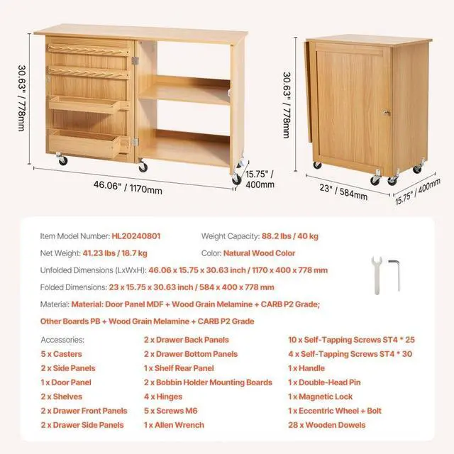 Alt view image 7 of 7 - Folding Sewing Table with Lockable Wheels Storage Shelves Trays Door Wood Color