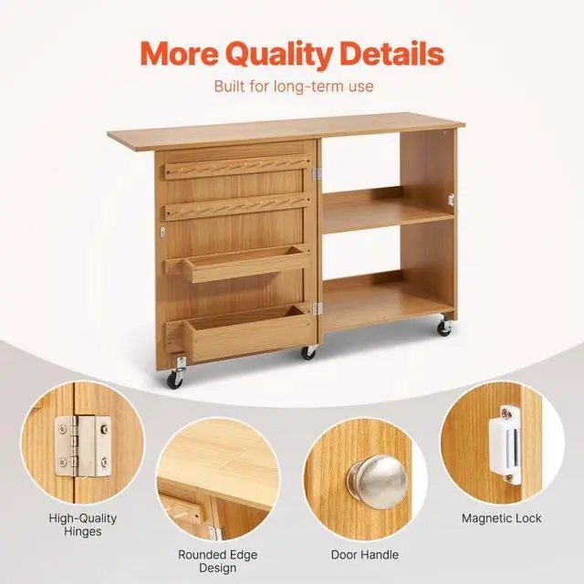 Alt view image 6 of 7 - Folding Sewing Table with Lockable Wheels Storage Shelves Trays Door Wood Color