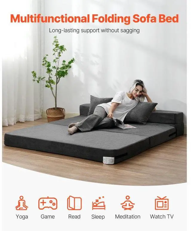 Alt view image 2 of 7 - VEVOR Folding Sofa Bed 3-in-1 Foldable Couch Bed with 2 Pillows Dark Grey Queen