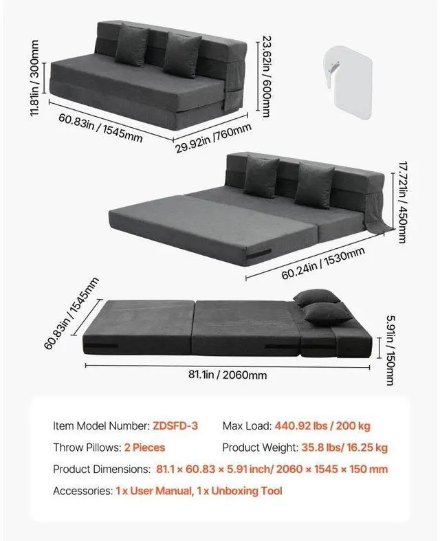 Alt view image 7 of 7 - VEVOR Folding Sofa Bed 3-in-1 Foldable Couch Bed with 2 Pillows Dark Grey Queen