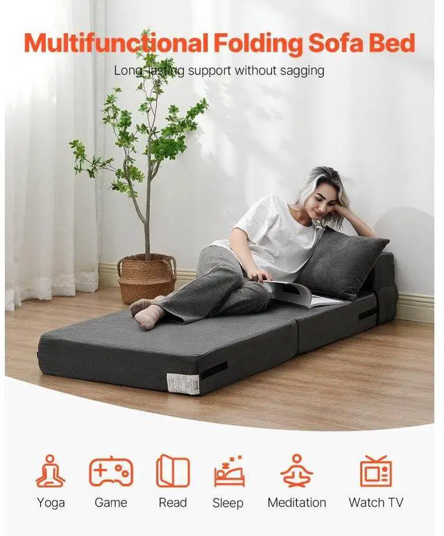 Alt view image 2 of 7 - VEVOR Folding Sofa Bed 3-in-1 Foldable Couch Bed with 2 Pillows Dark Grey Single