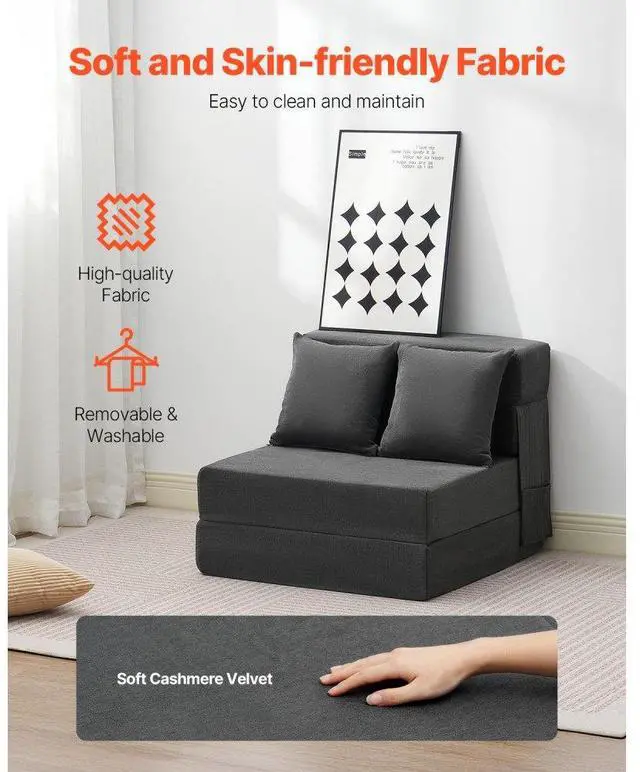 Alt view image 3 of 7 - VEVOR Folding Sofa Bed 3-in-1 Foldable Couch Bed with 2 Pillows Dark Grey Single