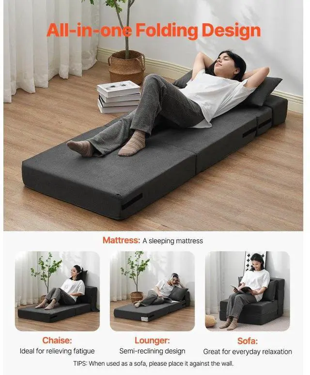 Alt view image 5 of 7 - VEVOR Folding Sofa Bed 3-in-1 Foldable Couch Bed with 2 Pillows Dark Grey Single
