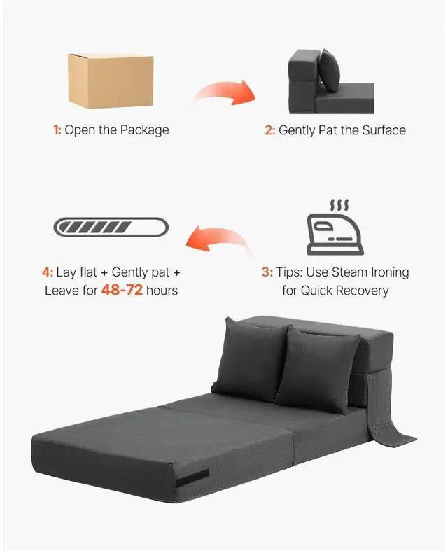 Alt view image 6 of 7 - VEVOR Folding Sofa Bed 3-in-1 Foldable Couch Bed with 2 Pillows Dark Grey Single