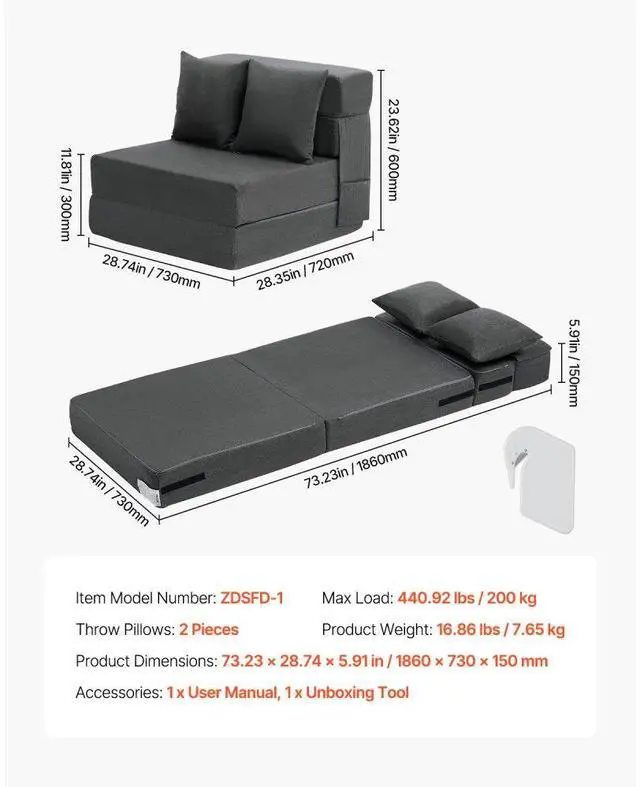 Alt view image 7 of 7 - VEVOR Folding Sofa Bed 3-in-1 Foldable Couch Bed with 2 Pillows Dark Grey Single
