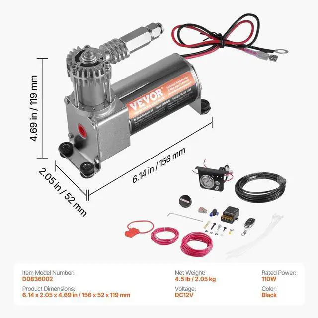 Alt view image 7 of 7 - VEVOR Air Shock Controller Kit 12V 100PSI On Board Air Compressor System Single Path