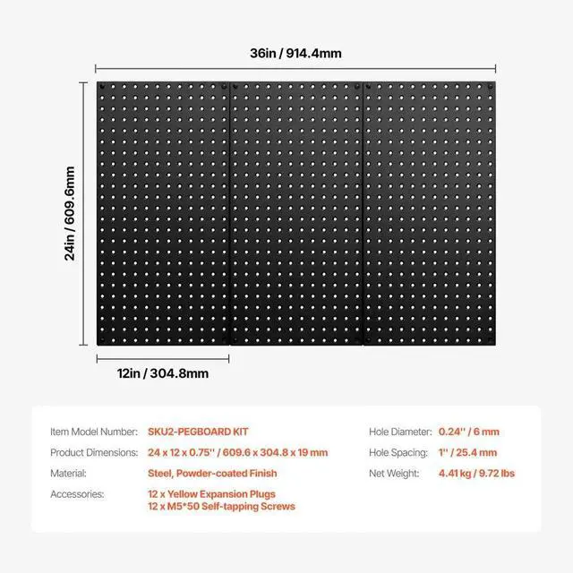 Alt view image 7 of 14 - VEVOR Metal Pegboard Panels 3 Pcs 24" x 12" Wall Organizer for Garage Tool Storage
