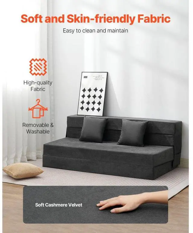 Alt view image 3 of 7 - VEVOR Folding Sofa Bed 3-in-1 Foldable Couch Bed with 2 Pillows Dark Grey Queen