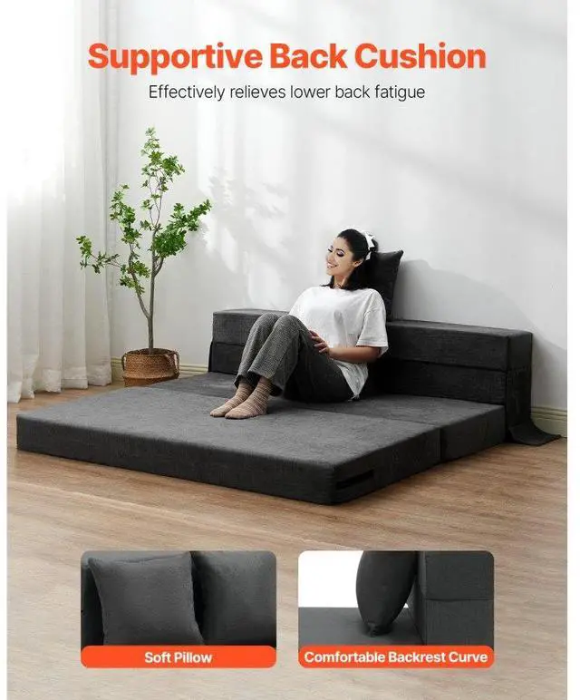 Alt view image 4 of 7 - VEVOR Folding Sofa Bed 3-in-1 Foldable Couch Bed with 2 Pillows Dark Grey Queen