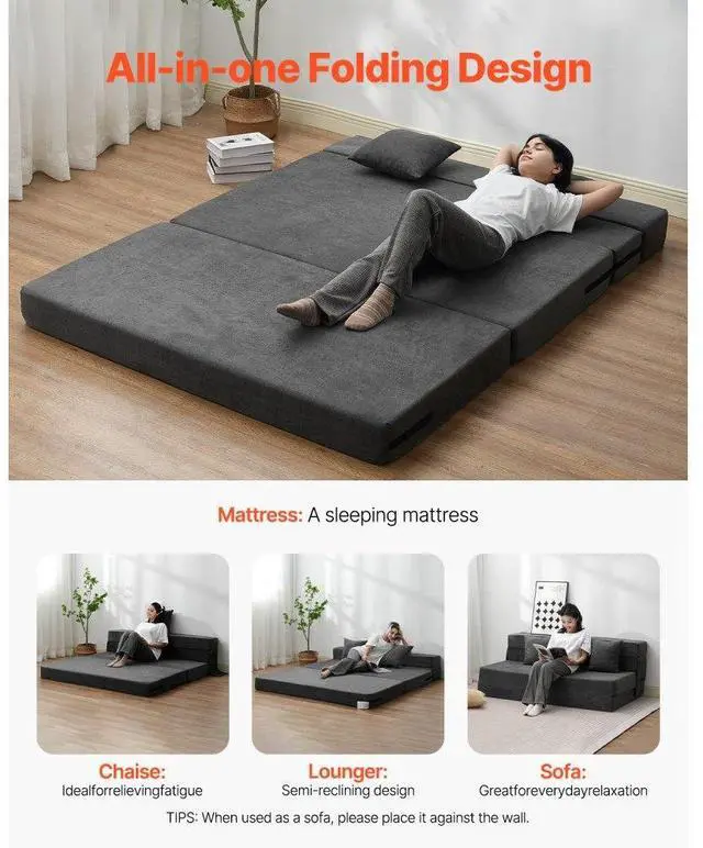 Alt view image 5 of 7 - VEVOR Folding Sofa Bed 3-in-1 Foldable Couch Bed with 2 Pillows Dark Grey Queen