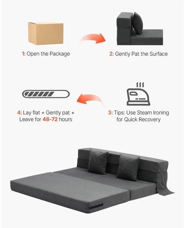 Alt view image 6 of 7 - VEVOR Folding Sofa Bed 3-in-1 Foldable Couch Bed with 2 Pillows Dark Grey Queen