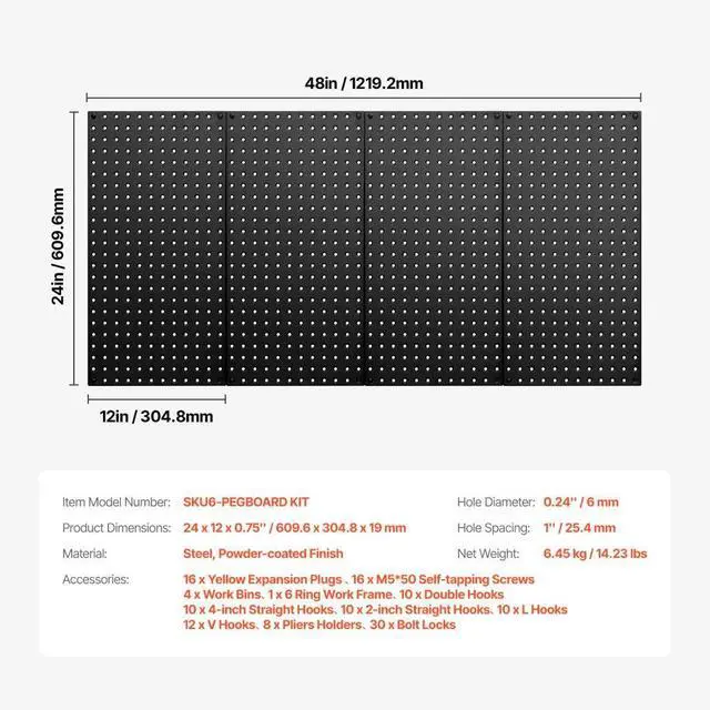 Alt view image 7 of 14 - VEVOR Metal Pegboard Panels 4 Pcs 24" x 12" Wall Organizer for Garage Tool Storage