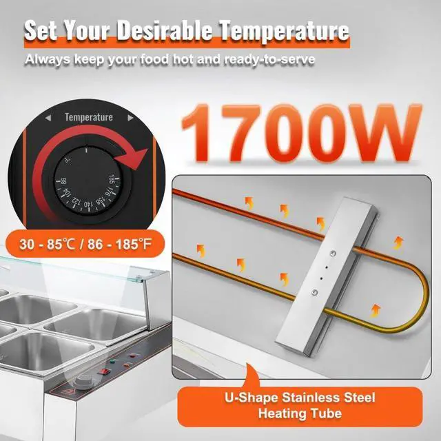 Alt view image 3 of 7 - VEVOR Commercial Electric Food Warmer Countertop Buffet 10*8Qt with Glass Shield