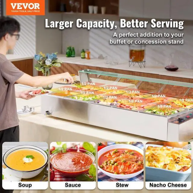 Alt view image 2 of 7 - VEVOR Commercial Electric Food Warmer Countertop Buffet 10*8Qt with Glass Shield