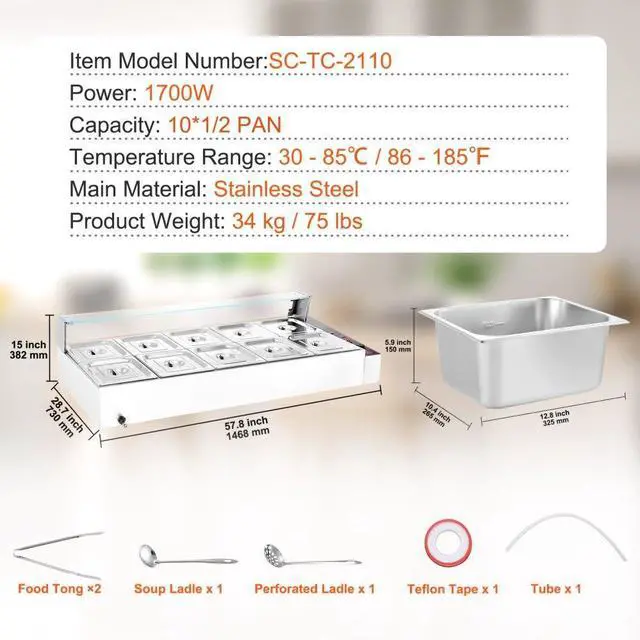Alt view image 7 of 7 - VEVOR Commercial Electric Food Warmer Countertop Buffet 10*8Qt with Glass Shield