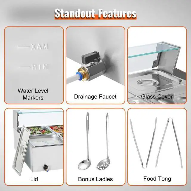 Alt view image 6 of 7 - VEVOR Commercial Electric Food Warmer Countertop Buffet 10*8Qt with Glass Shield