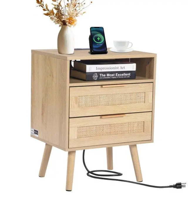 Main image of VEVOR Rattan Nightstand End Table with Open Shelf 2 Drawers Boho Bedside Table