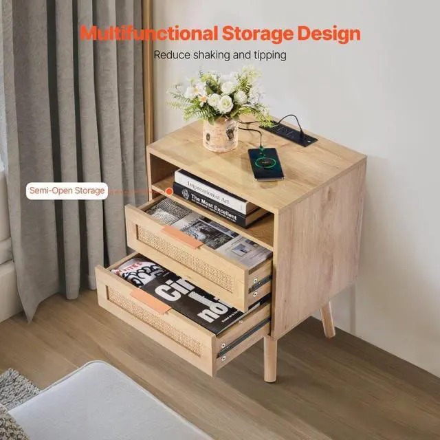 Alt view image 3 of 7 - VEVOR Rattan Nightstand End Table with Open Shelf 2 Drawers Boho Bedside Table