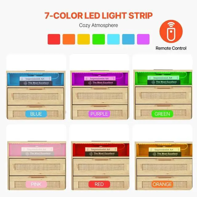 Alt view image 5 of 7 - VEVOR Rattan Nightstand End Table with Open Shelf 2 Drawers Boho Bedside Table