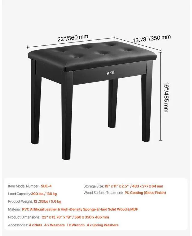 Alt view image 7 of 14 - Piano Keyboard Bench Storage Padded Cushion Seat Wooden Vanity Bookcase Stool