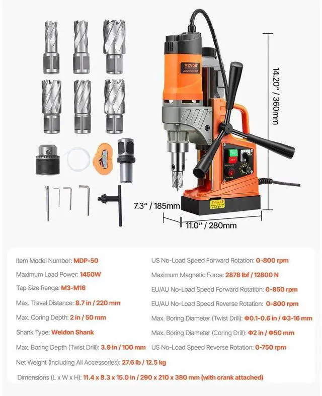 Alt view image 7 of 7 - VEVOR Magnetic Drill 1450W 12800N Portable Mag Drill Press 800RPM