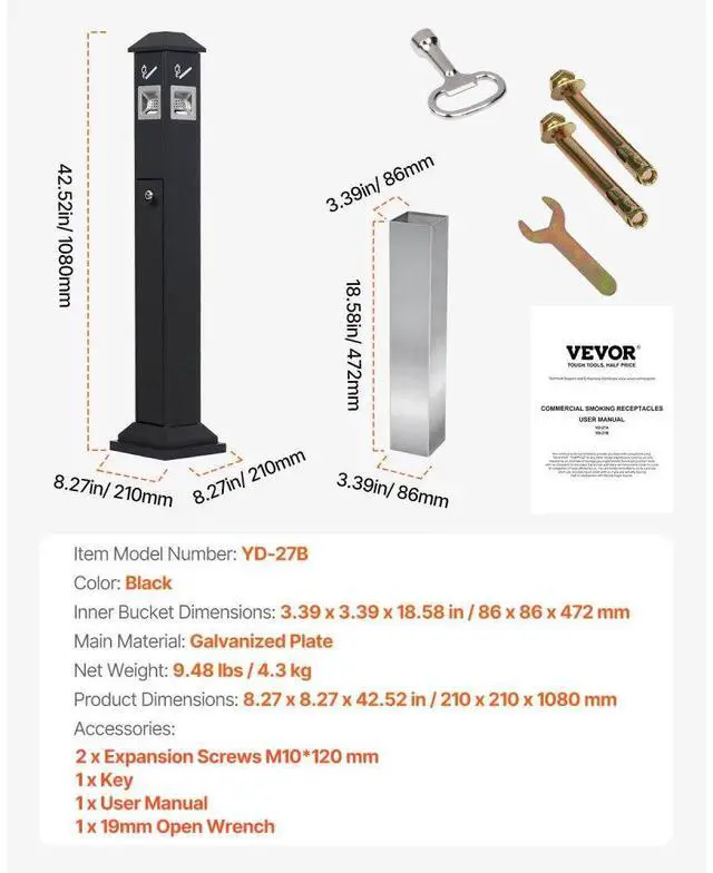 Alt view image 7 of 7 - VEVOR Outdoor Ashtray for Garden Patio Cigarettes Ash Butt Disposal, iron Outside Cigar Container Ash Tray for Commercial(Black