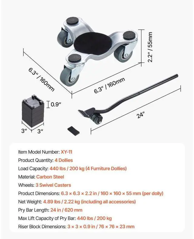 Alt view image 7 of 14 - VEVOR Furniture Dolly 4 pcs Steel Tri-dolly Set Furniture Mover 440 lbs Capacity