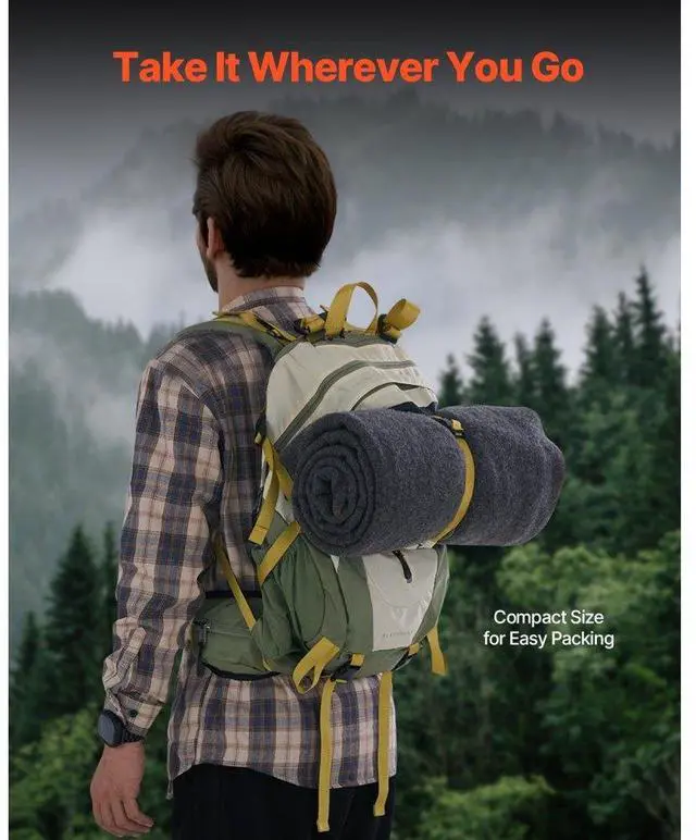 Alt view image 6 of 7 - VEVOR Wool Camping Blanket 64" x 88" Warm for Camping Hiking Travel Light Grey