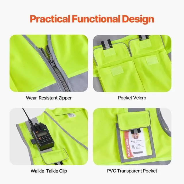 Alt view image 5 of 14 - VEVOR Safety Vest Reflective Yellow Work Vest with 10 Pockets for Men & Women