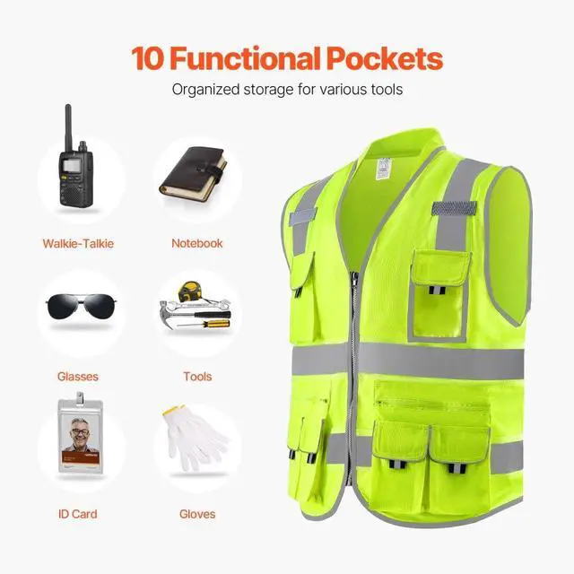 Alt view image 3 of 7 - VEVOR Safety Vest Reflective Yellow Work Vest with 10 Pockets for Men and Women