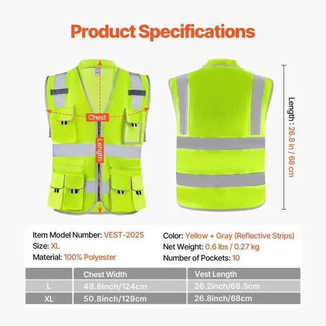Alt view image 7 of 7 - VEVOR Safety Vest Reflective Yellow Work Vest with 10 Pockets for Men and Women