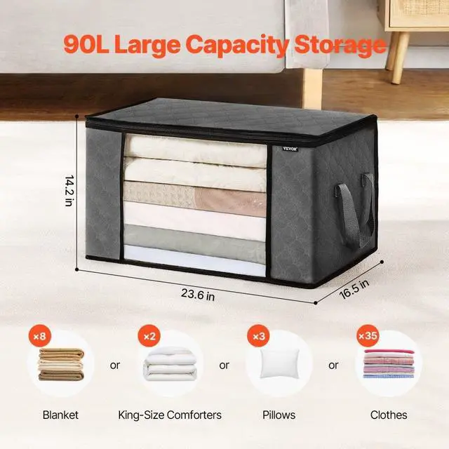 Alt view image 2 of 7 - VEVOR 90L Large Storage Bags, 6 Pack Clothes Storage Bin, Foldable Closet Organizers Containers with Handle, Nov-woven Fabric Storage Bag for Clothing, Blanket, Comforter, Bed Sheet, Pillow(Grey)
