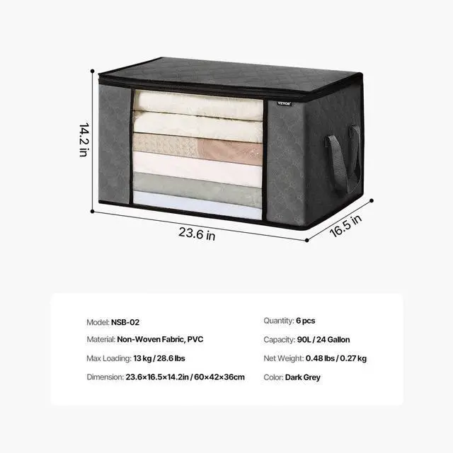 Alt view image 7 of 7 - VEVOR 90L Large Storage Bags, 6 Pack Clothes Storage Bin, Foldable Closet Organizers Containers with Handle, Nov-woven Fabric Storage Bag for Clothing, Blanket, Comforter, Bed Sheet, Pillow(Grey)