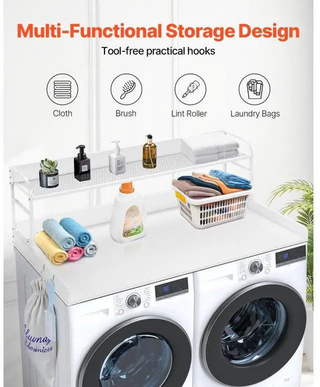 Alt view image 2 of 7 - Washer Dryer Countertop for the Top, Wood Washer Dryer Topper with 2-Tier Shelf Universal Fit, Laundry Countertop with Edge Rails, 54" Width x 27" Depth Laundry Counter Storage Organization, White