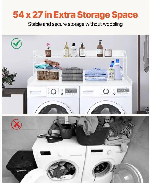 Alt view image 3 of 7 - Washer Dryer Countertop for the Top, Wood Washer Dryer Topper with 2-Tier Shelf Universal Fit, Laundry Countertop with Edge Rails, 54" Width x 27" Depth Laundry Counter Storage Organization, White