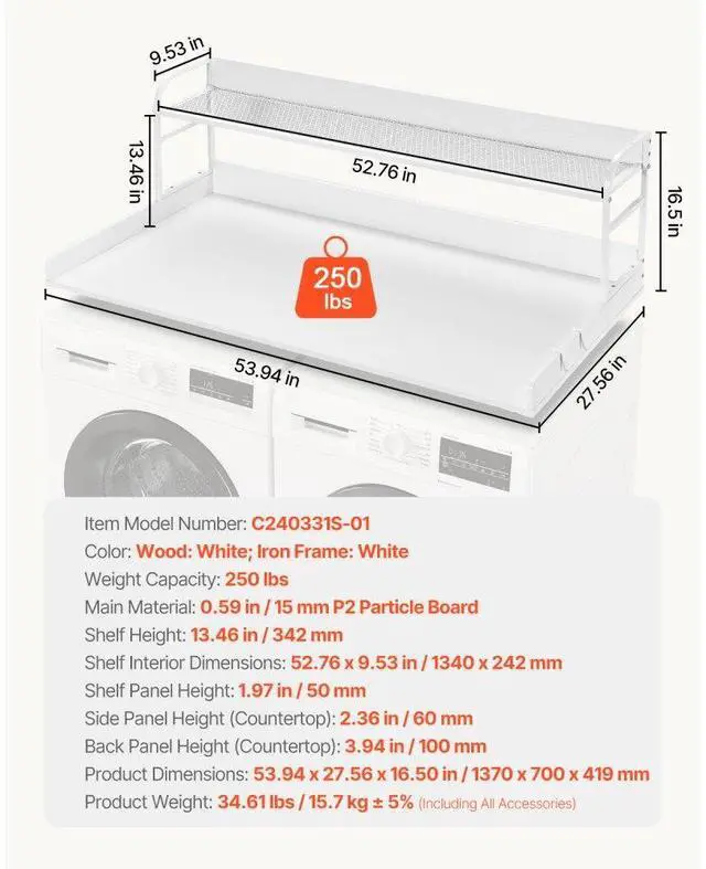 Alt view image 7 of 7 - Washer Dryer Countertop for the Top, Wood Washer Dryer Topper with 2-Tier Shelf Universal Fit, Laundry Countertop with Edge Rails, 54" Width x 27" Depth Laundry Counter Storage Organization, White