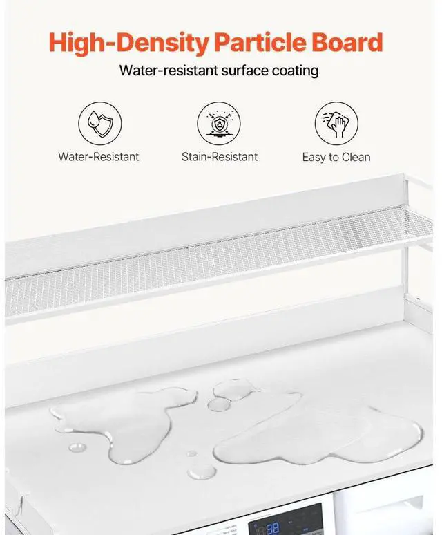 Alt view image 4 of 7 - Washer Dryer Countertop for the Top, Wood Washer Dryer Topper with 2-Tier Shelf Universal Fit, Laundry Countertop with Edge Rails, 54" Width x 27" Depth Laundry Counter Storage Organization, White