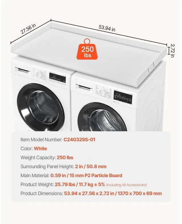 Alt view image 7 of 14 - VEVOR Washer Dryer Countertop, Laundry Wood Shelf Topper with Edge, 54" Width x 27" Depth Cover Guard Organizer for Washer and Dryer Laundry Hamper Counter Storage Organization (White)