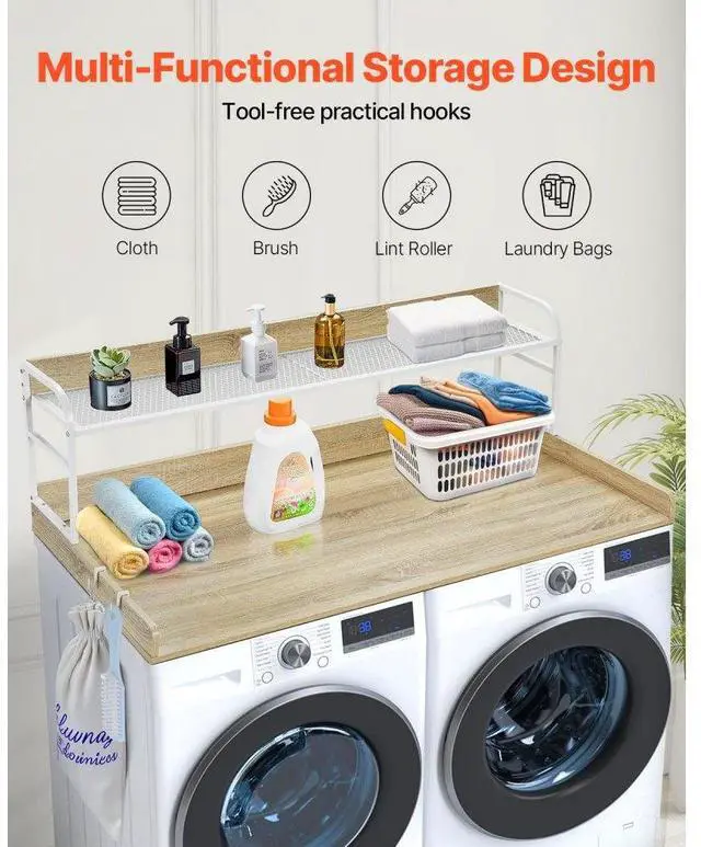Alt view image 2 of 7 - VEVOR Washer Dryer Countertop with Shelf, 27" Depth x 54" Width Laundry Countertop Wood Topper with Edge Rails & Non-Slip Pads Oak