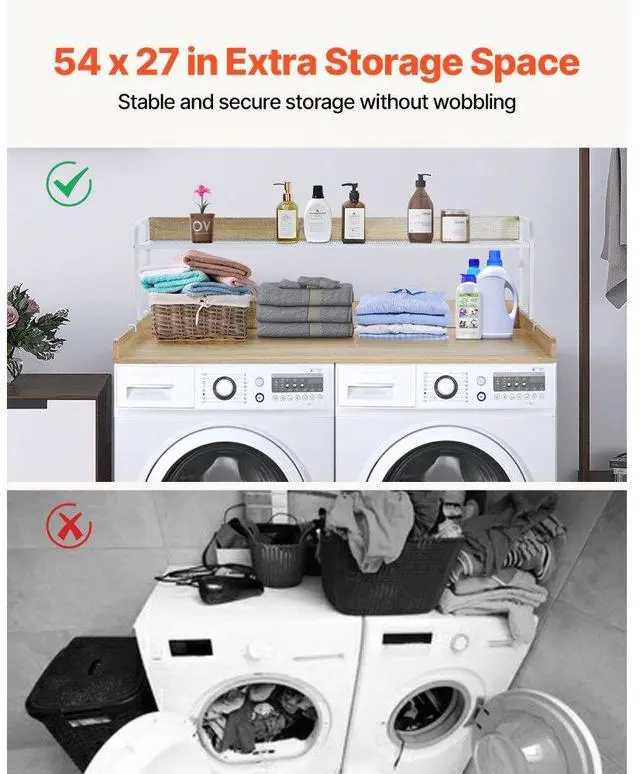 Alt view image 3 of 7 - VEVOR Washer Dryer Countertop with Shelf, 27" Depth x 54" Width Laundry Countertop Wood Topper with Edge Rails & Non-Slip Pads Oak
