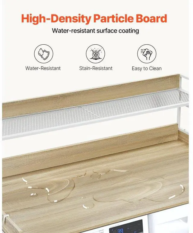 Alt view image 4 of 7 - VEVOR Washer Dryer Countertop with Shelf, 27" Depth x 54" Width Laundry Countertop Wood Topper with Edge Rails & Non-Slip Pads Oak