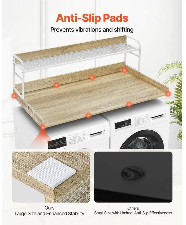 Alt view image 5 of 7 - VEVOR Washer Dryer Countertop with Shelf, 27" Depth x 54" Width Laundry Countertop Wood Topper with Edge Rails & Non-Slip Pads Oak