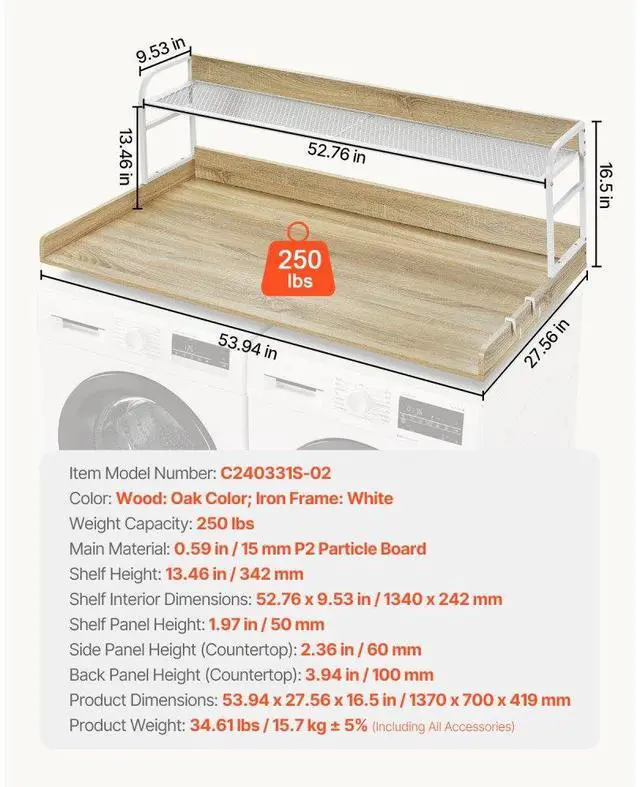 Alt view image 7 of 7 - VEVOR Washer Dryer Countertop with Shelf, 27" Depth x 54" Width Laundry Countertop Wood Topper with Edge Rails & Non-Slip Pads Oak