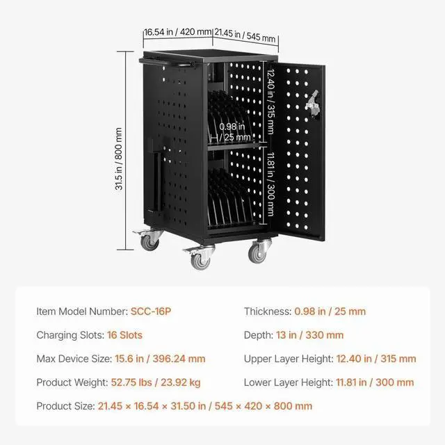 Alt view image 7 of 7 - VEVOR Charging Cart, 16 Device Mobile Charging Station, Up to 15.6 in Screen Size, Office and Classroom Mobile Charging Cart, for Chromebook, Tablet and Laptop
